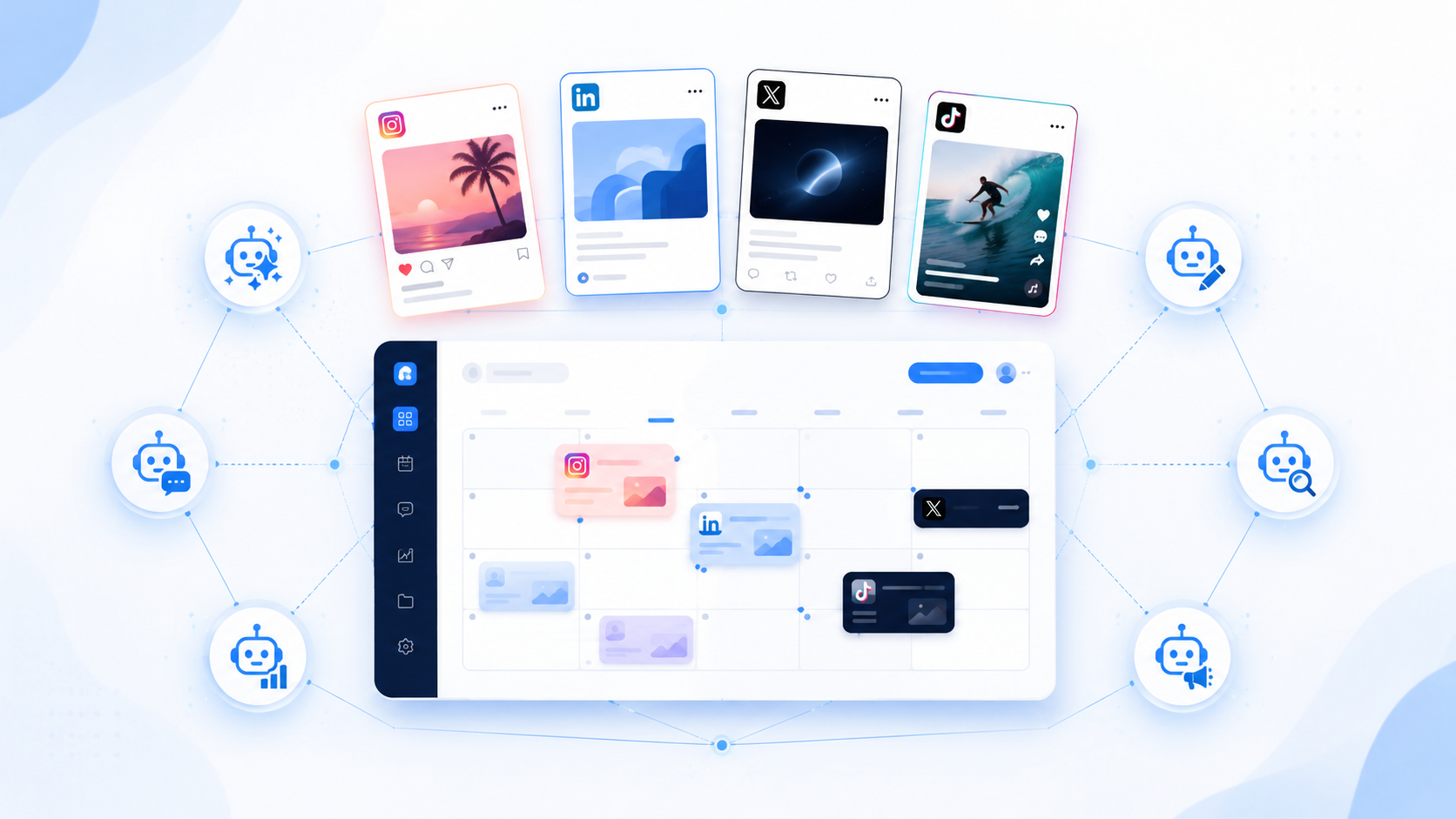 SOCIALEYES AI Pilot orchestrating Instagram, LinkedIn, X, and TikTok posts from a single content calendar dashboard