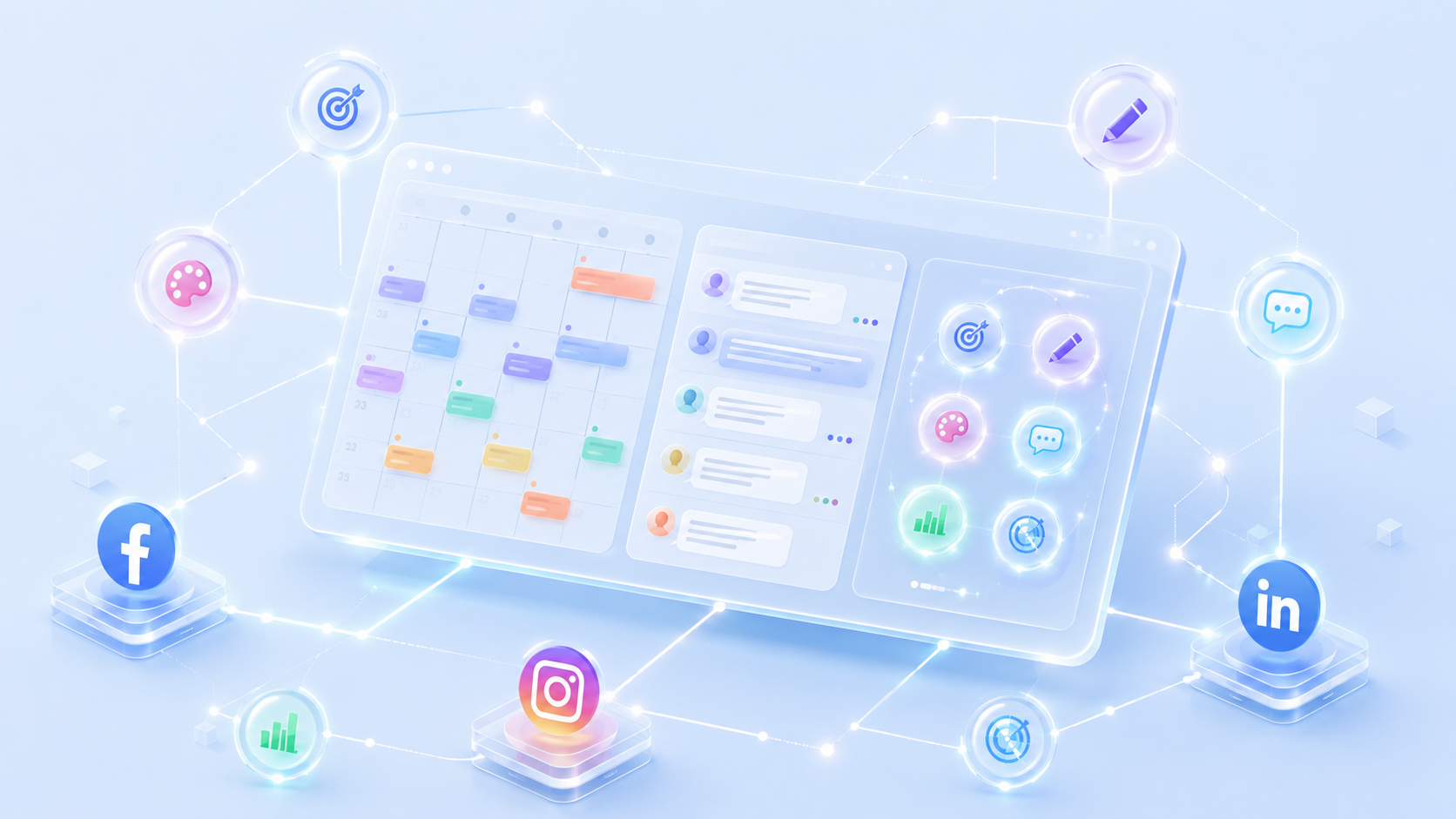 SOCIALEYES social media management dashboard with AI Pilot specialist agents, content calendar, and connected platforms — Facebook, Instagram, LinkedIn